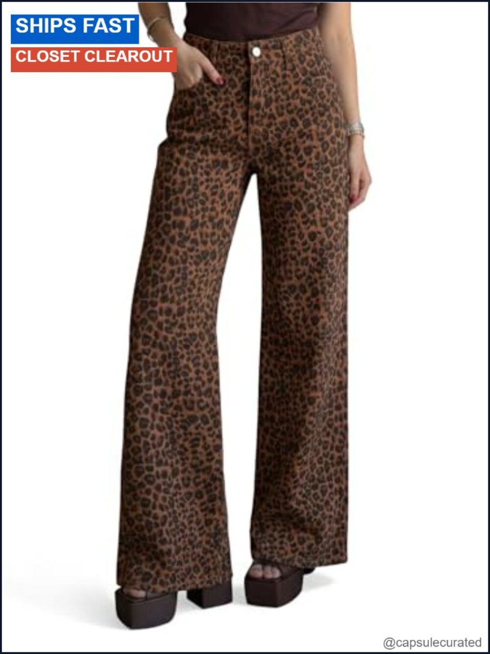 High Waisted Wide Leg Stretchy Jeans Leopard Print Baggy Boyfriend